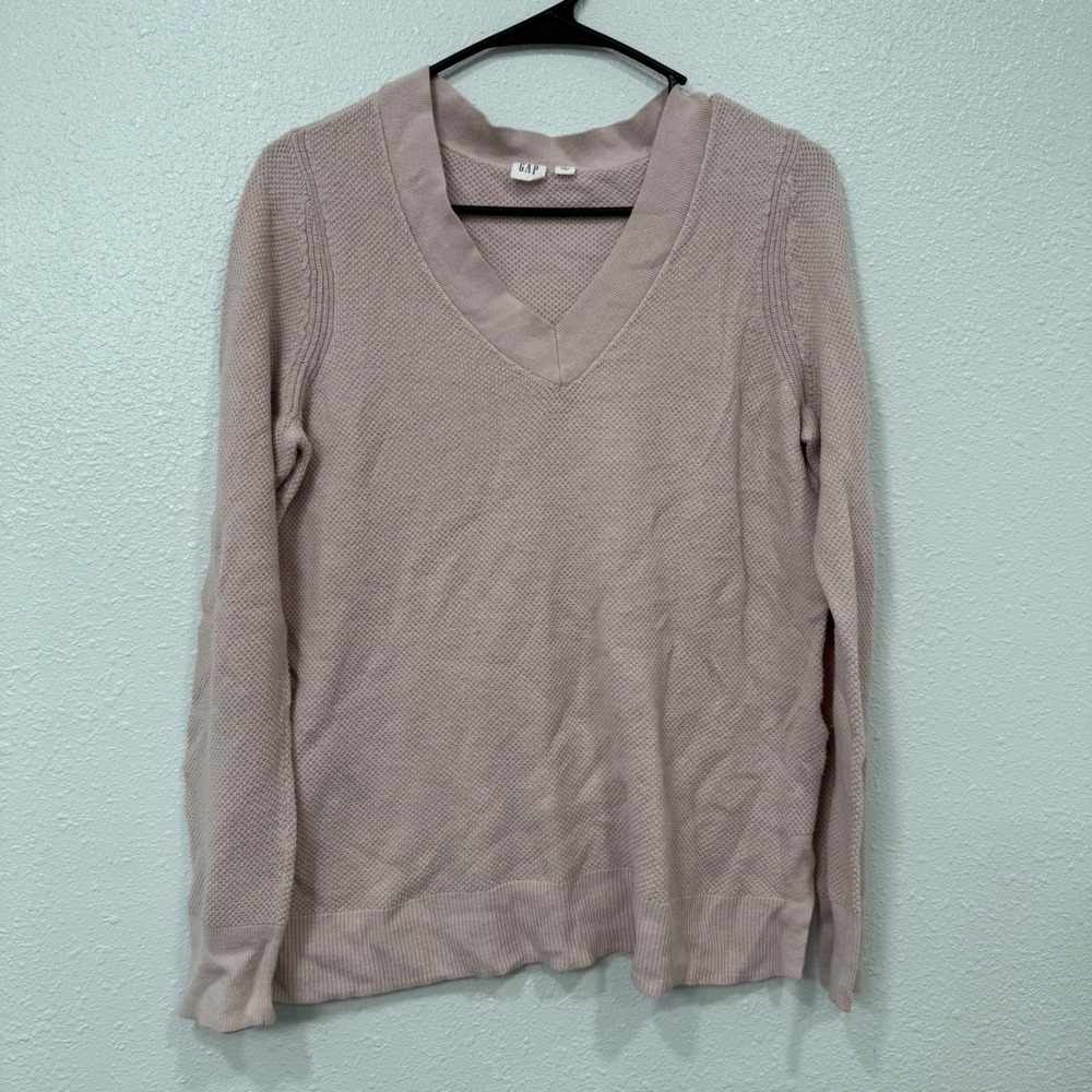 GAP Women V Neck Textured Knit Long Sleeve Sweater Top Size L Dusty Rose